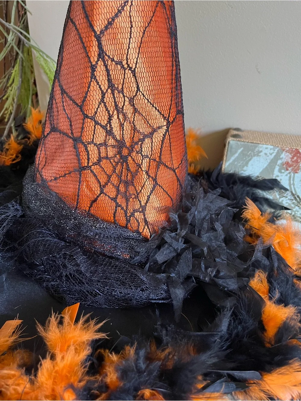 ADORABLE…Halloween Witch Hat with Black and Orange Feather Boa